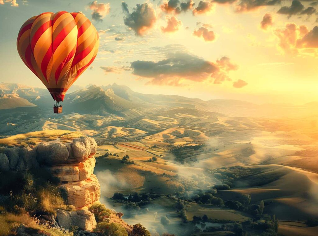 hot air balloon in the sky at sunset