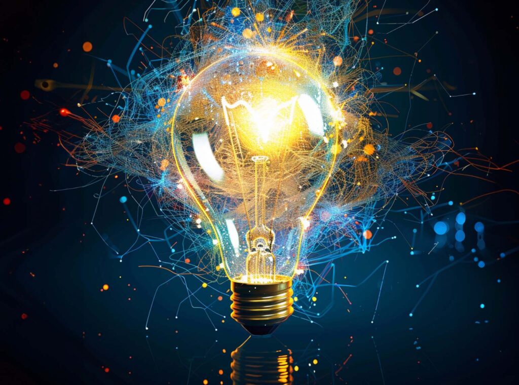 AI Lightbulb glowing surrounded by data points